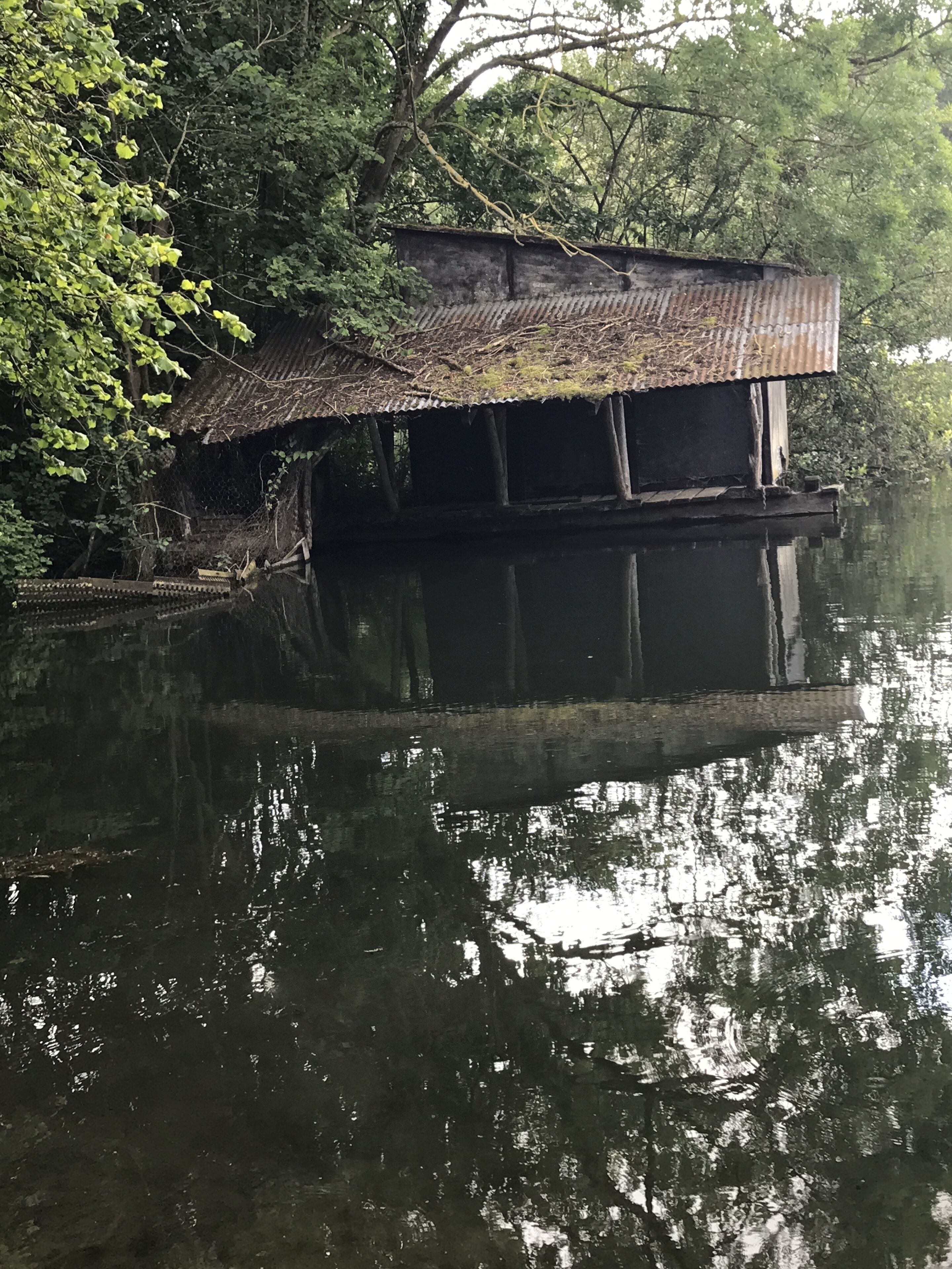 A floating house with a corrugated metal roof, surrounded by water and dense foliage.