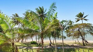 Una playa con palmeras y cielo despejado.