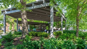 Un espace extérieur aménagé, abrité et doté de tables et de chaises, entouré d’une végétation luxuriante et d’arbres.