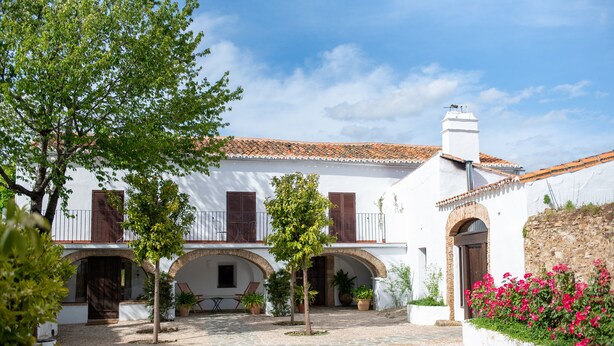 A courtyard with white buildings, a cobblestone path, and potted plants.