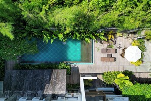 Vista aerea di una moderna area piscina con un pontile in legno, poltrone relax e rigogliosa vegetazione.