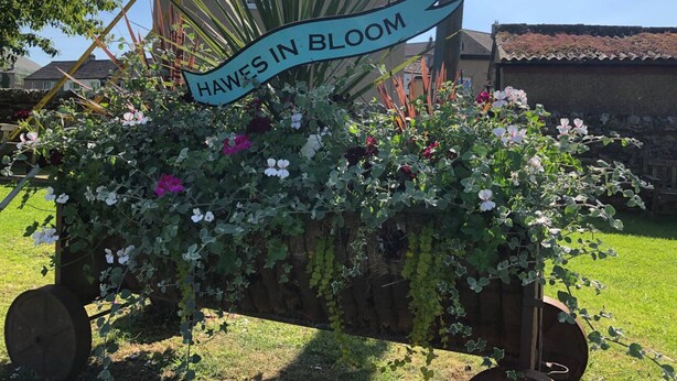 Una exhibición en un jardín con un letrero que dice 