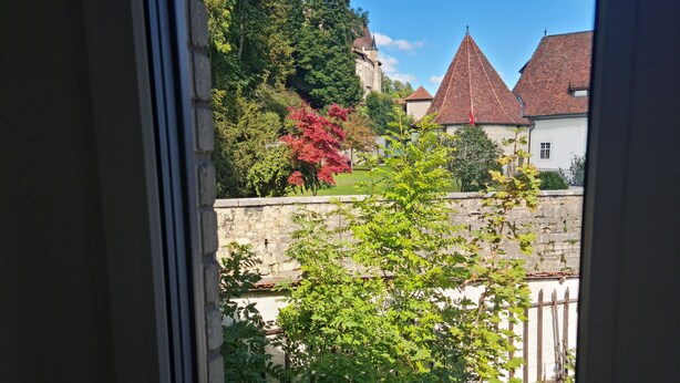 A view through a window of a stone wall, a tree with green leaves, and buildings with red-tiled roofs in the background. - LA FACTORY by LNA (Porrentruy)