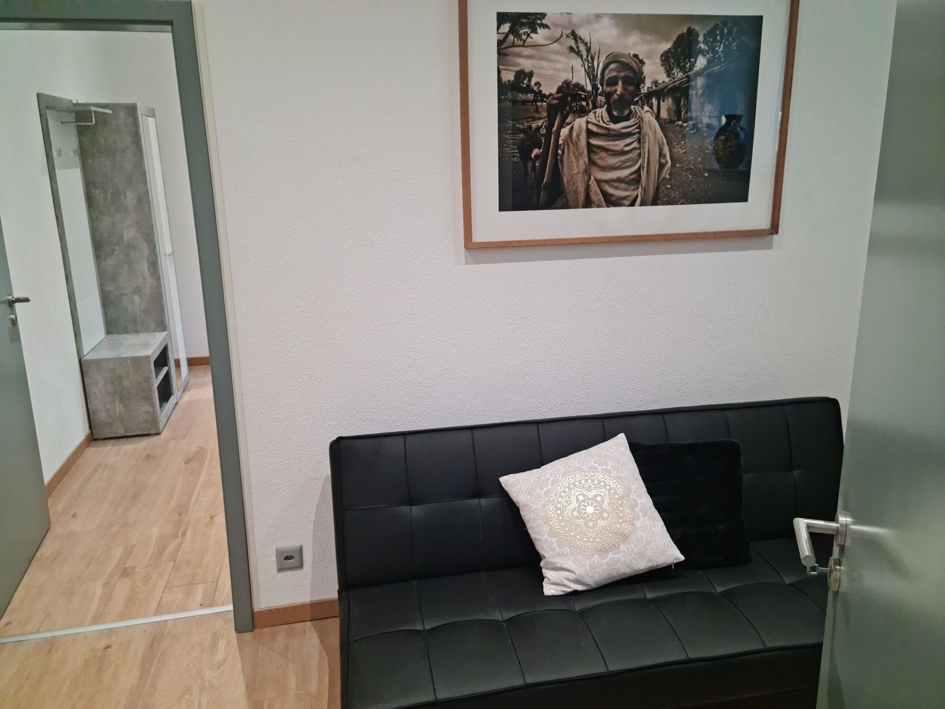 A modern room with a black sofa, a patterned cushion, and a framed picture on the wall.