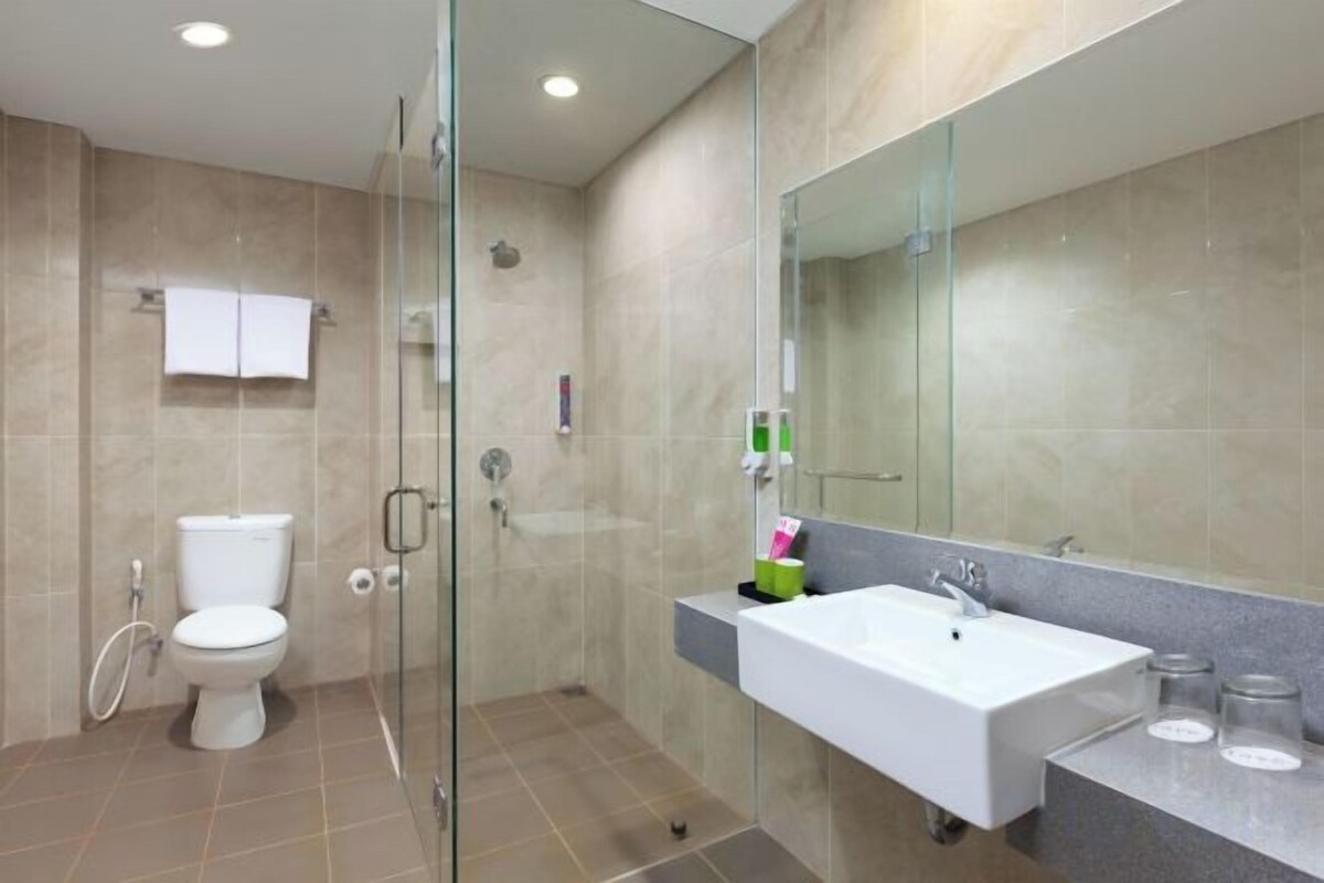 A modern bathroom with a glass shower enclosure, a white sink, and a large mirror.
