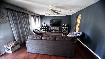 Smart TV, fireplace, DVD player, foosball