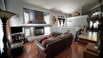 Smart TV, fireplace, DVD player, foosball