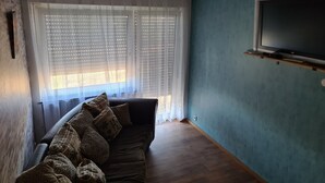 Un salon avec un canapé de couleur sombre, des coussins à motifs, une grande fenêtre avec des rideaux légers et un téléviseur à écran plat fixé au mur.