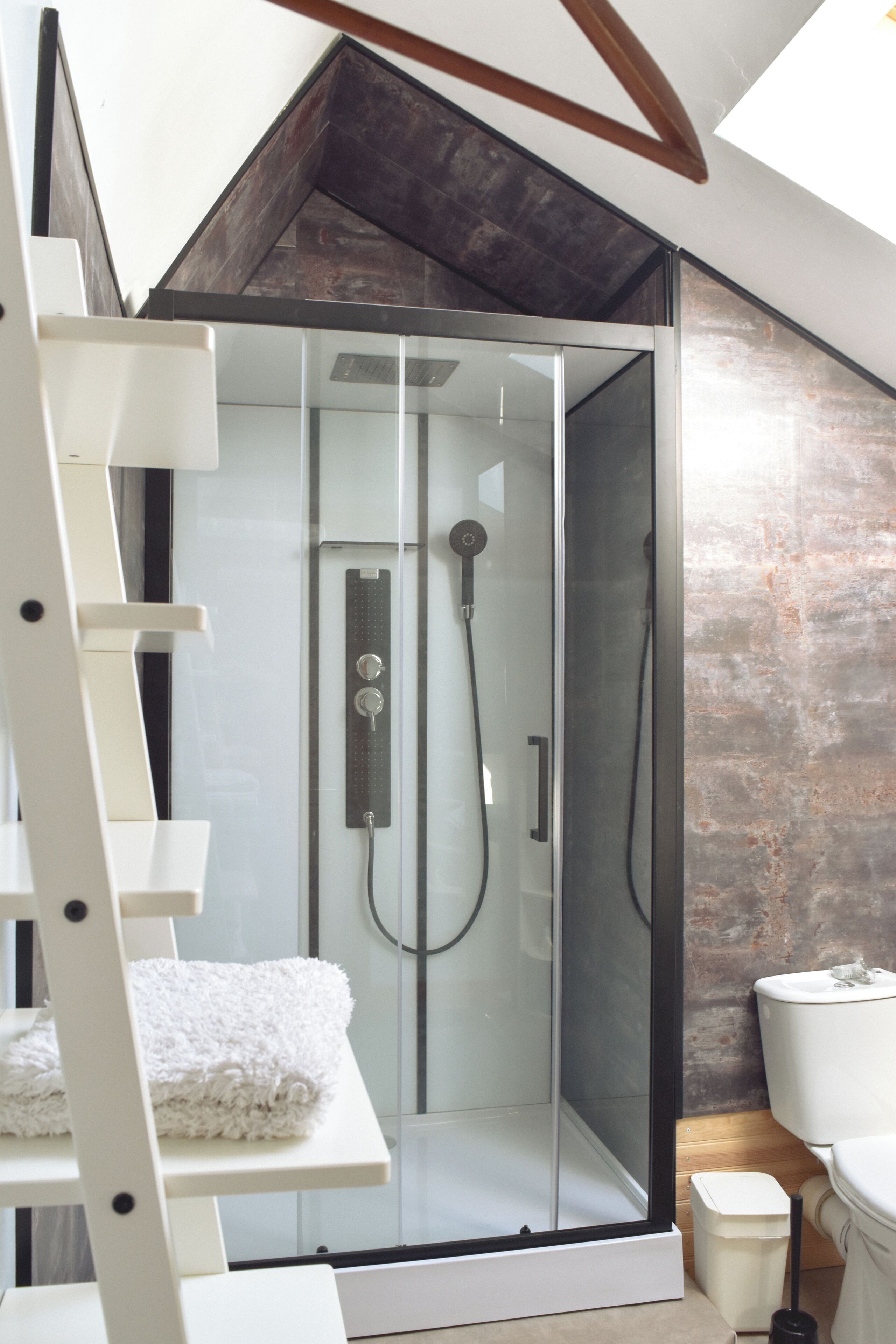A modern bathroom with a glass-enclosed shower, a white toilet, and a wooden ladder.