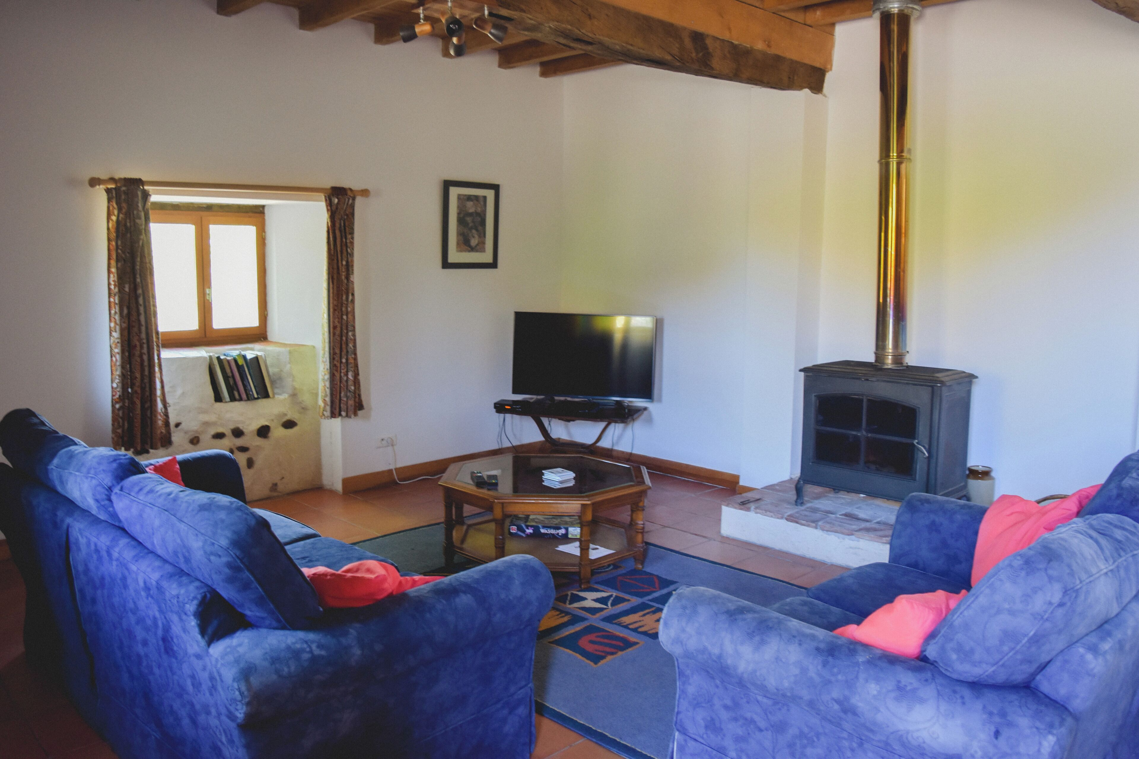 A living room with blue sofas, a glass coffee table, a television, and a wood-burning stove.