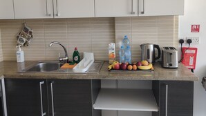 A modern kitchen with stainless steel appliances, a sink, and a countertop with fruits and a kettle. - Charming 1-bed Apartment in Protaras, Cyprus (Paralimni)