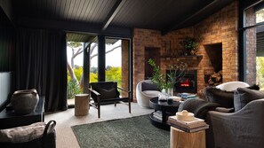 Smart TV, chimenea y estéreo