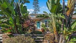 Una casa rodeada de exuberantes plantas tropicales y un cielo azul cristalino.