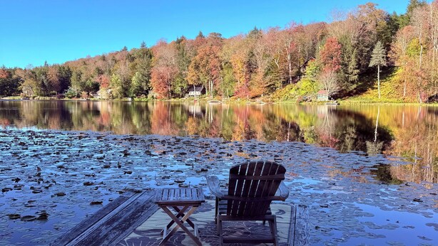 A wooden dock with a chair and table by a calm lake, surrounded by autumn-colored trees. - Cozy Roscoe Lakefront Cabin (Roscoe)