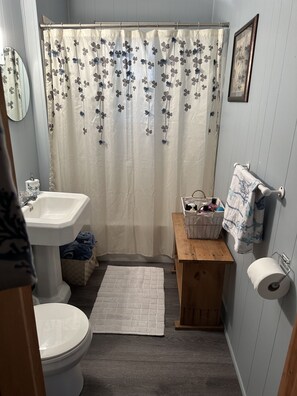 Combined shower/bathtub, hair dryer, towels, soap