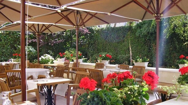 Een terras met tafels en stoelen onder parasols, omringd door potplanten en groen.