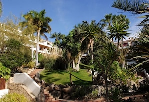 A resort with a well-maintained garden, palm trees, and a stone staircase leading to a building.
