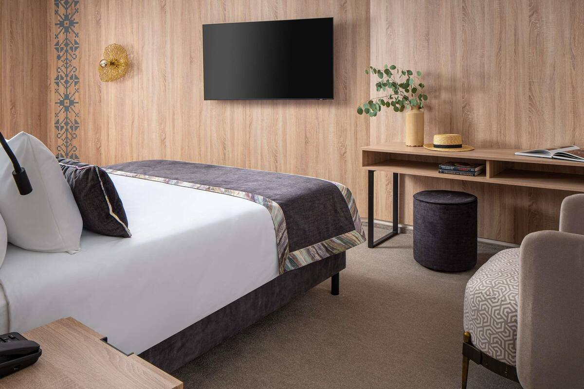 Una camera d'albergo con un letto, una scrivania, una sedia, una televisione e una pianta.