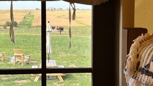 A window view of a rural landscape with fields, a wooden chair, and a table.