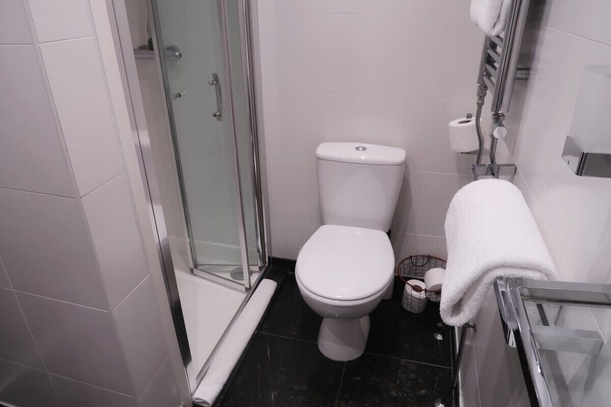 A modern bathroom with a glass shower enclosure, a white toilet, and a towel rack.