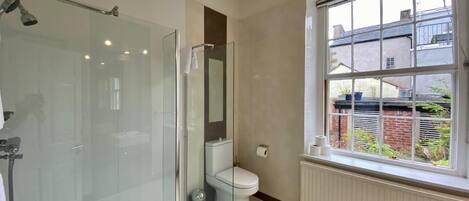 A modern bathroom with a glass shower enclosure, a toilet, and a window providing a view of the outside.