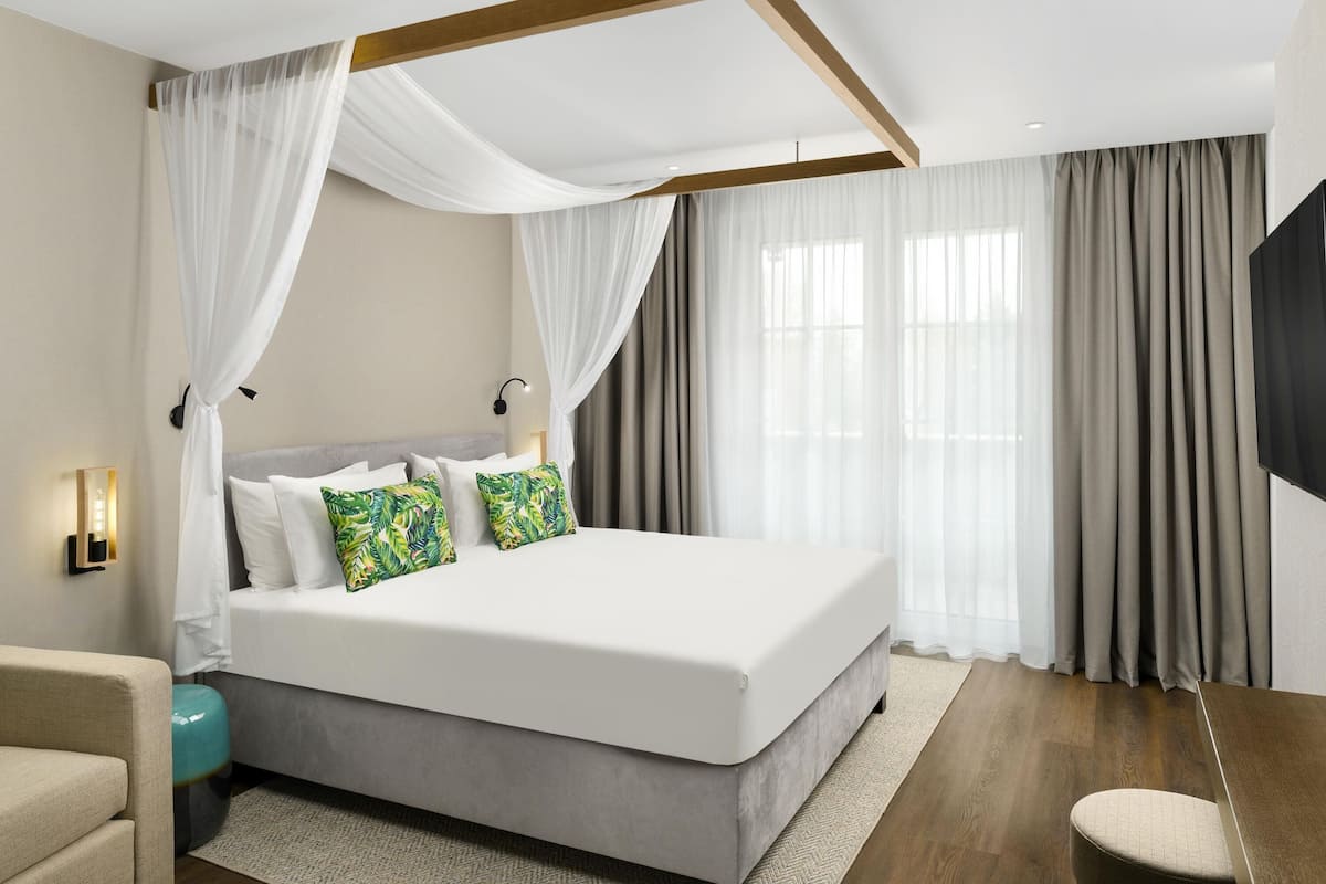 Habitación de hotel moderna con una cama grande, dosel, televisor de pantalla plana y vistas a la ciudad.