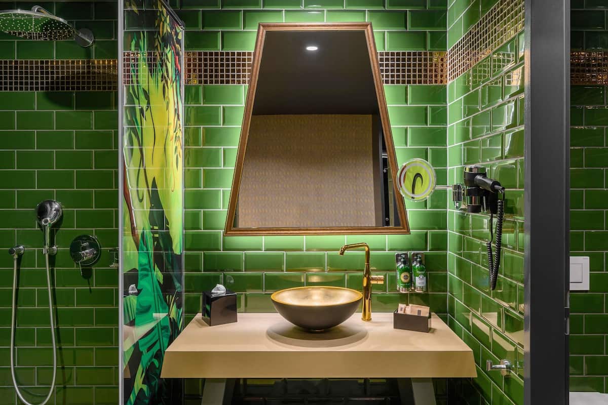 Shower, rainfall showerhead, designer toiletries, hair dryer