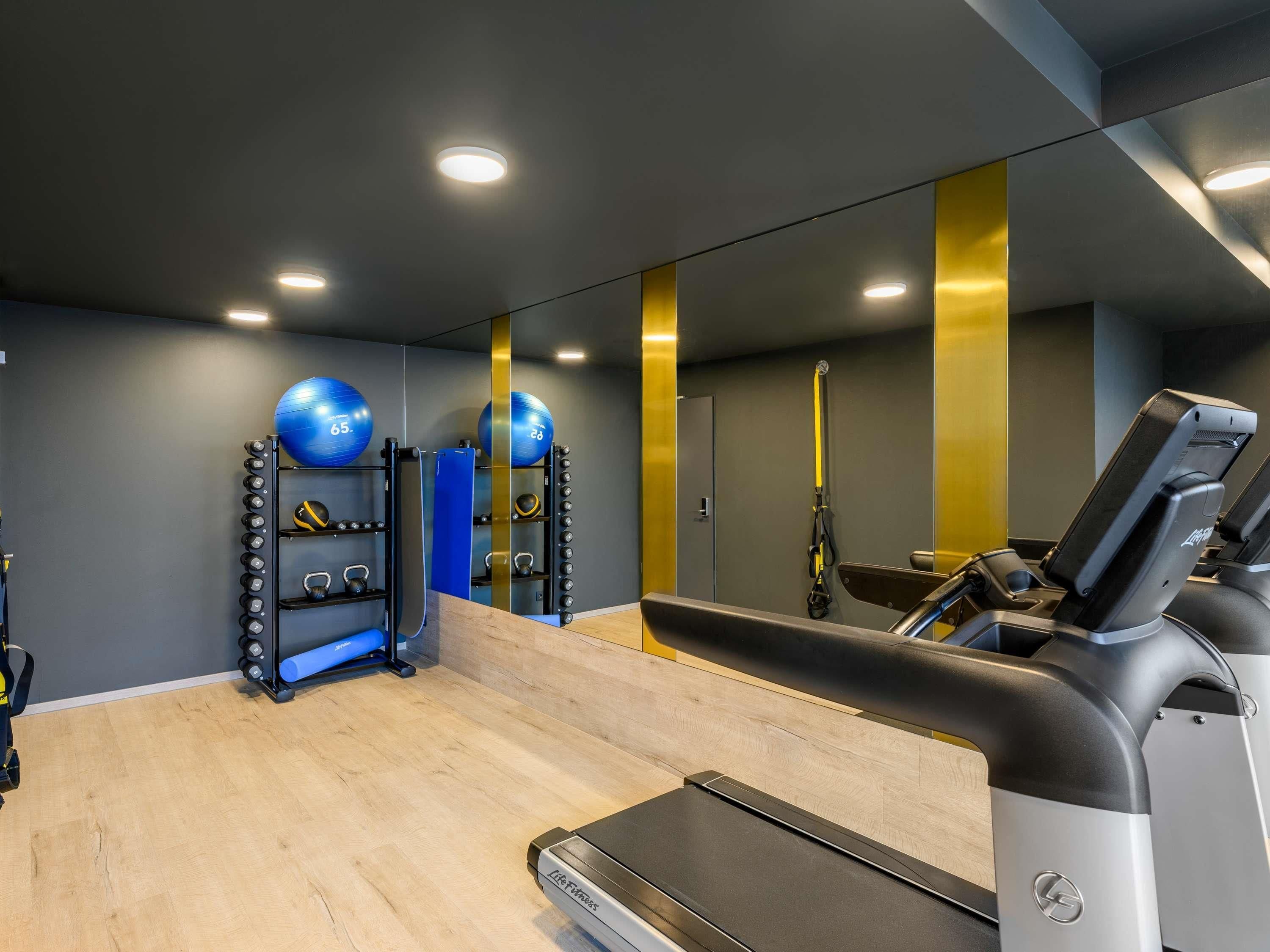 A gym with a treadmill, exercise balls, and weight plates.