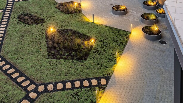 A hotel with a pool, outdoor lighting, and a landscaped garden.
