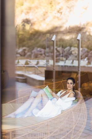 Indoor pool, outdoor pool, open 8:00 AM to 8:00 PM, pool loungers