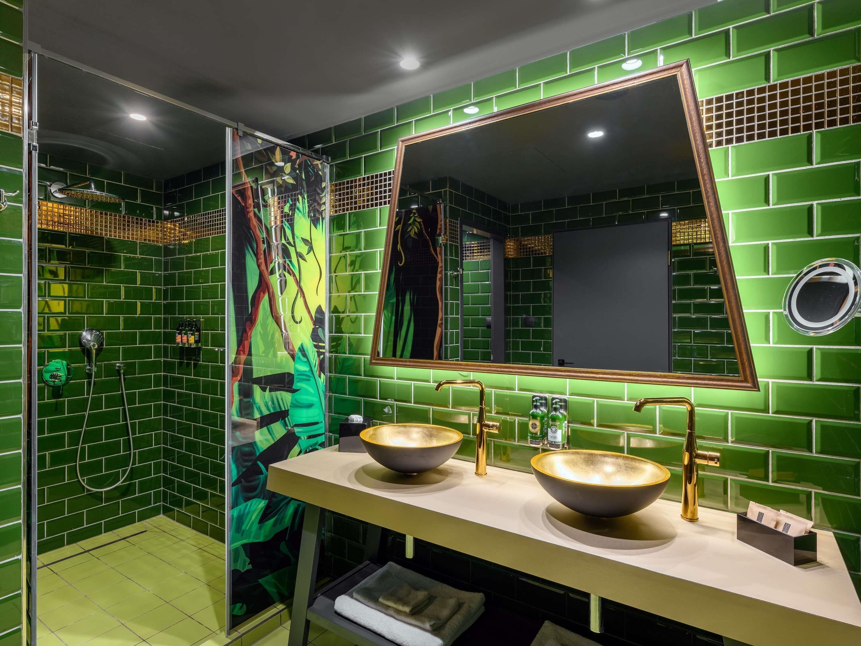 Shower, rainfall showerhead, designer toiletries, hair dryer