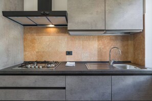 Una cucina moderna con piano cottura a gas, lavello in acciaio inossidabile e cappa aspirante.