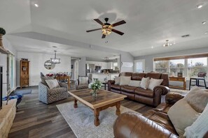 Smart TV, fireplace, books