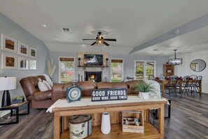 Smart TV, fireplace, books