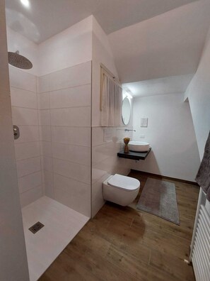 Combined shower/tub, hair dryer, bidet, towels