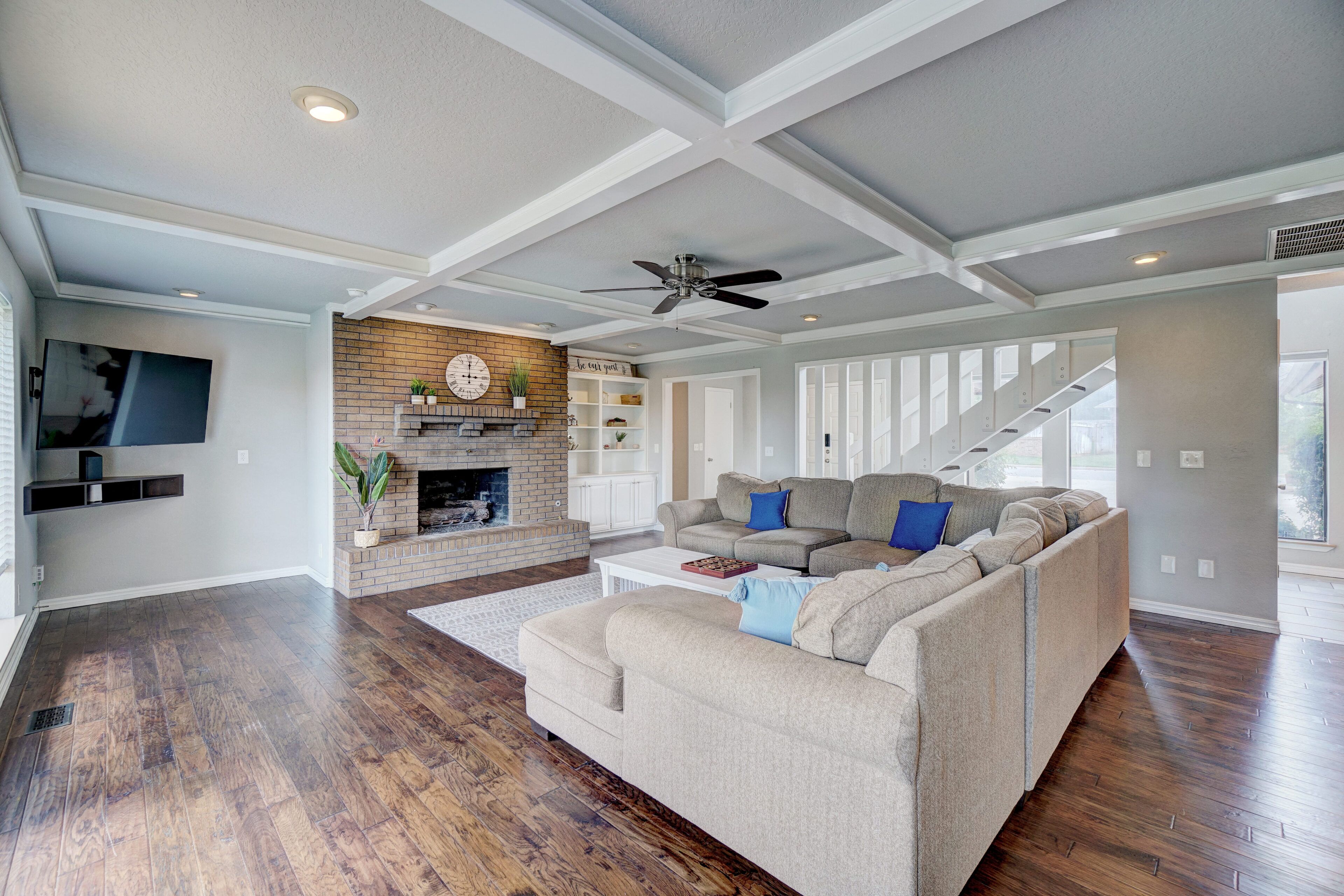 Smart TV, fireplace, foosball