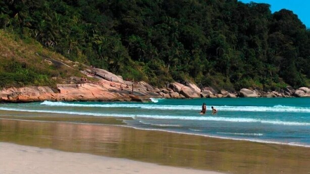 A beach with clear turquoise water, rocky outcrops, and dense green foliage in the background. - Marmeu Tropical Ltda (Guarujá)