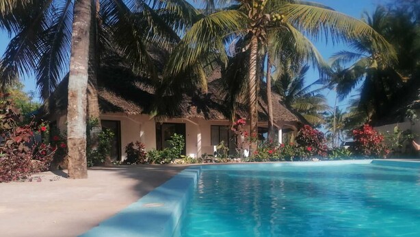 Uma piscina azul cristalina rodeada por palmeiras e plantas tropicais, com um edifício de telhado de palha ao fundo.