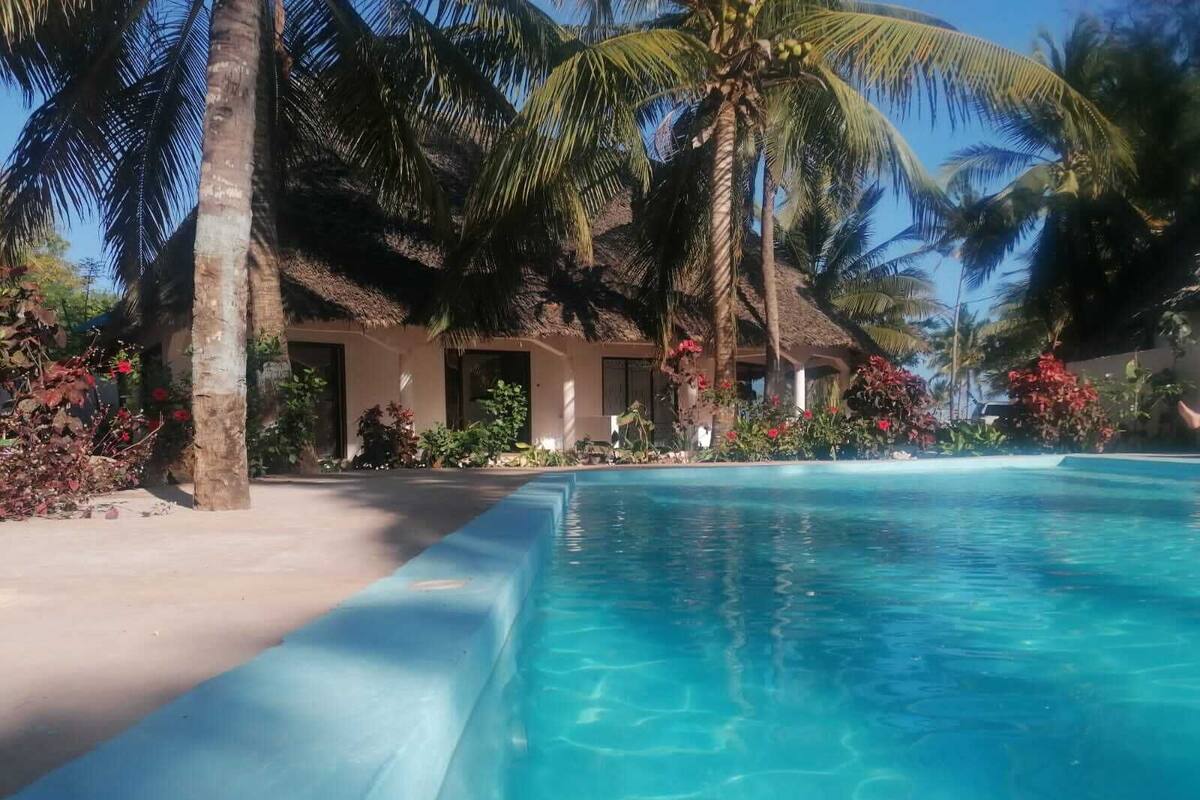 Une piscine d’eau cristalline, entourée de palmiers et de plantes tropicales, avec un bâtiment à toit de chaume en arrière-plan.