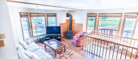 Televisio, takka, stereot, työhuone