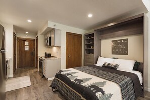 Een slaapkamer met een bed, een kaptafel, een nachtkastje, een inbouwkast en een keukenhoek met een magnetron en fornuis.
