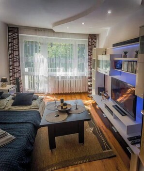 TV, DVD player, music library, video library