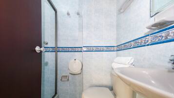 A bathroom with a toilet, sink, and a glass shower enclosure.