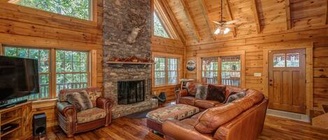 TV connectée, cheminée, table de tennis de table, livres