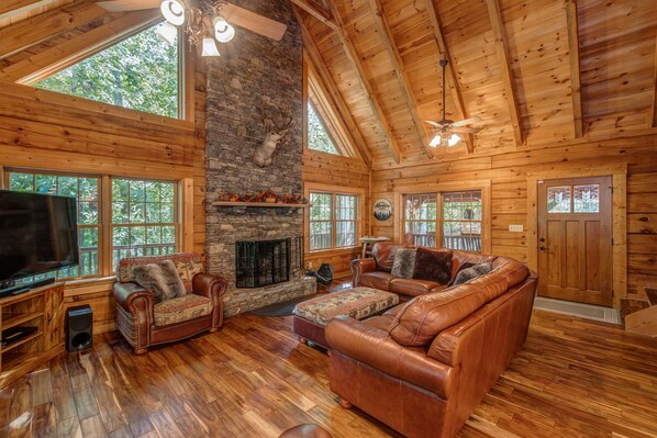 TV connectée, cheminée, table de tennis de table, livres