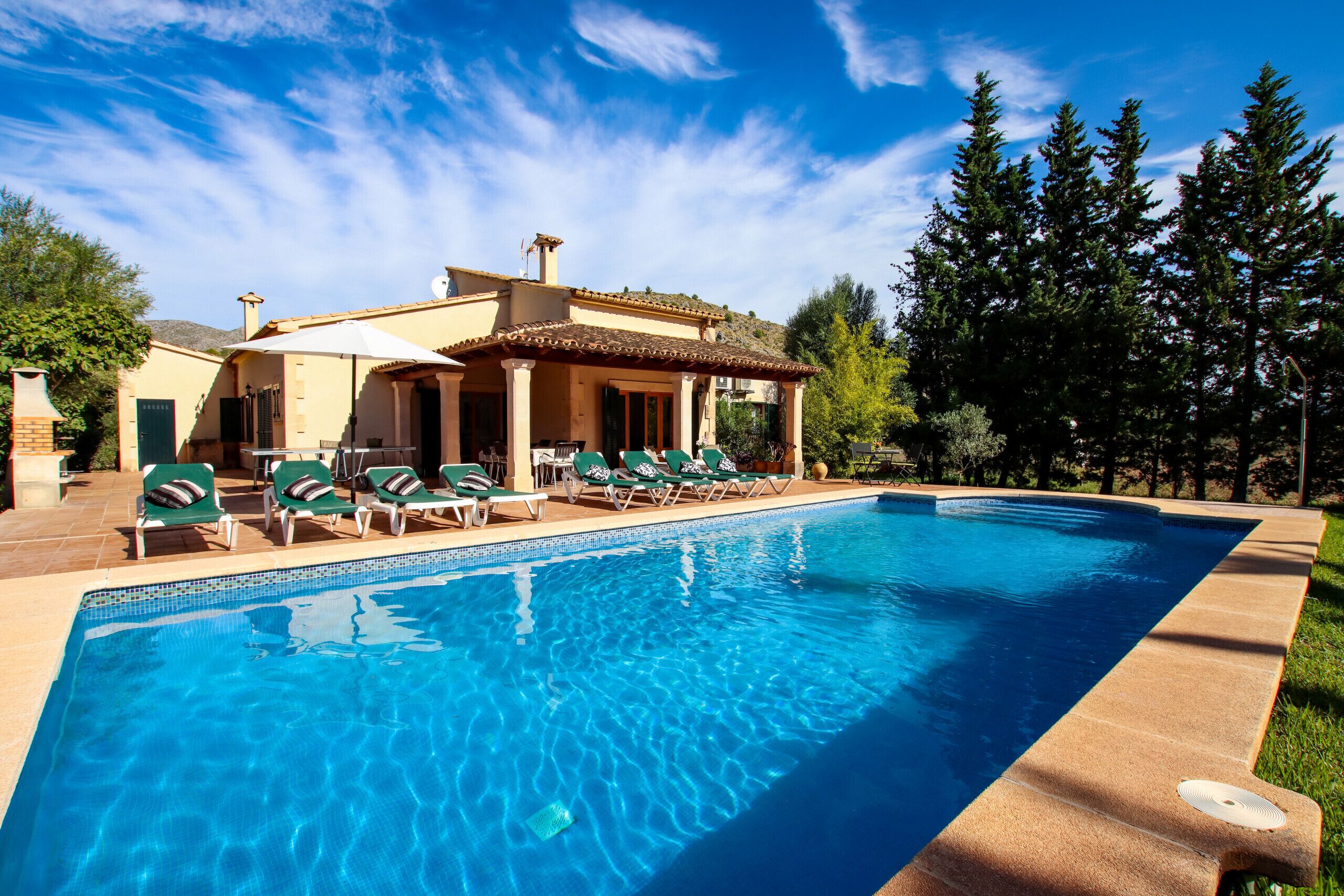 Une piscine avec des chaises longues, un bâtiment doté d’un toit en tuiles et, au fond, une zone boisée.