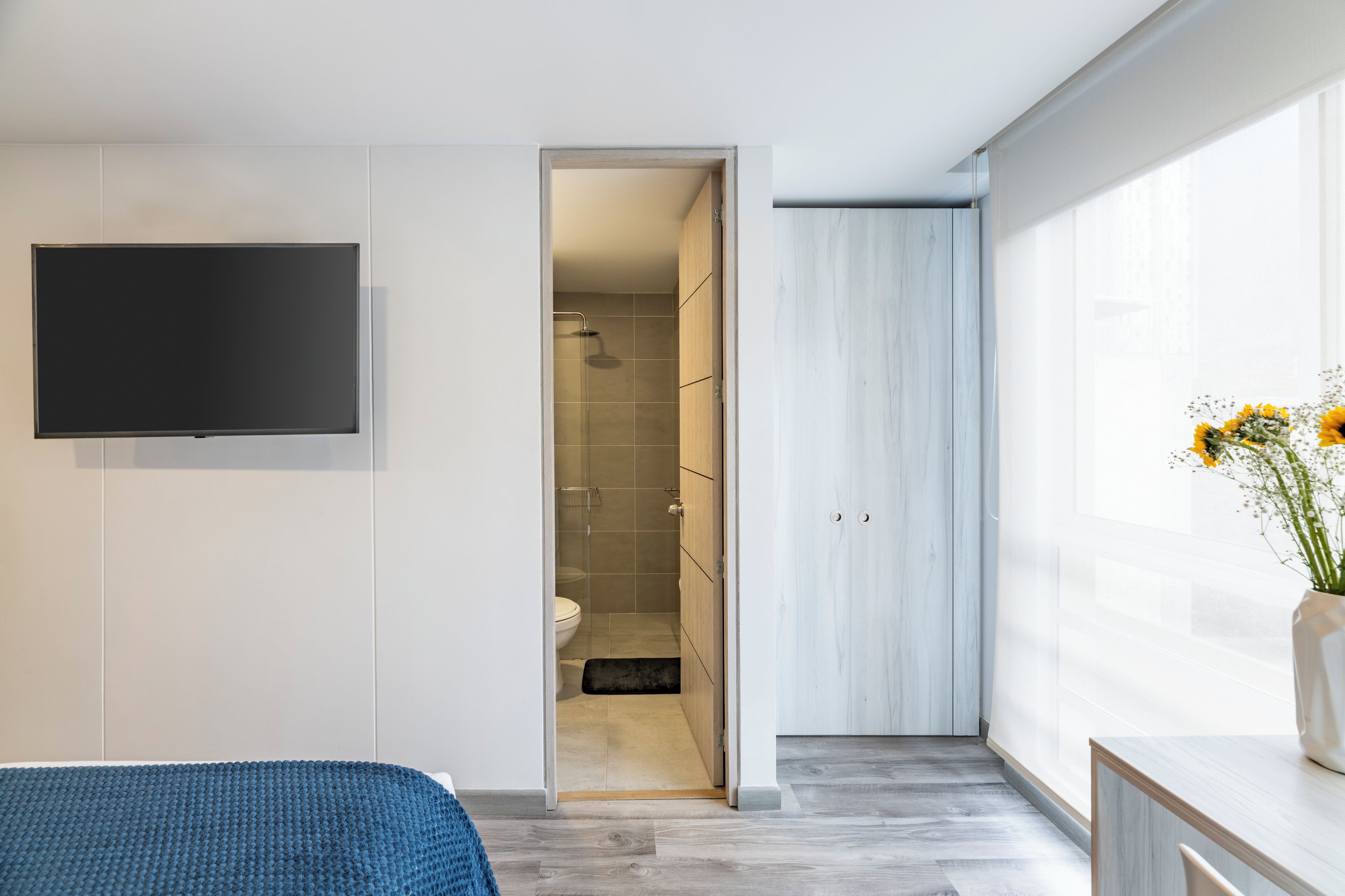 A modern bathroom with a shower, toilet, and a large mirror.