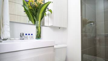Shower, rainfall showerhead, hair dryer, soap