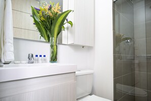 Douche, douche à « effet pluie », sèche-cheveux, savon