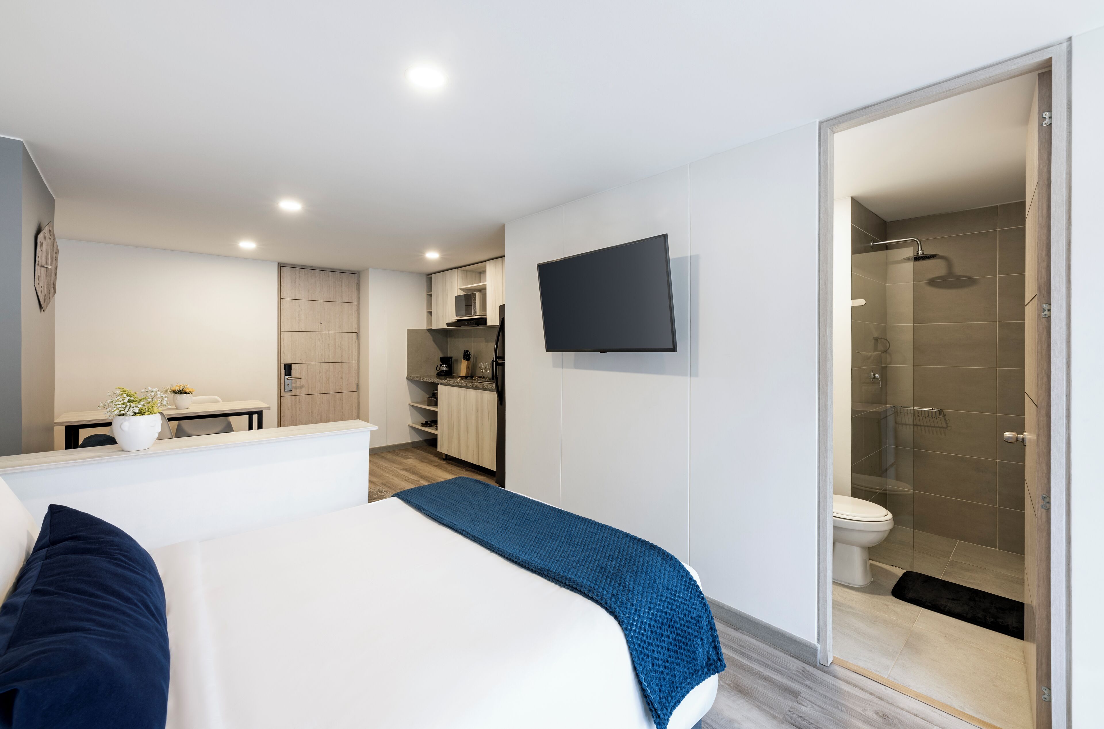 Studio (A) | Bathroom | Shower, rainfall showerhead, hair dryer, soap